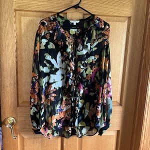 Cabi multi-colored outer top w/black base, full, long sleeves, buttoned cuffs.